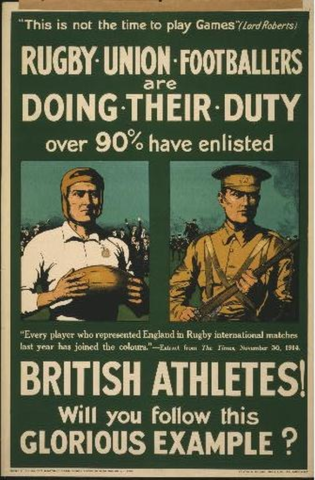 Ein Plakat mit zwei Rugbyspielern in Uniform, auf dem über 90% der britischen Athleten für den Dienst eingeteilt sind.