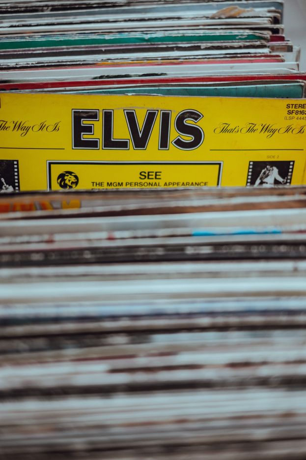 Ein ordentlicher Stapel von Elvis-Presley-Platten auf einem Tisch, mit einigen überlappenden Platten und sichtbaren Titeln, vor einem leicht unscharfen Hintergrund.