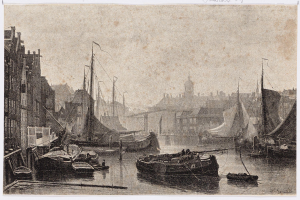 Eine Schwarz-Weiß-Zeichnung von Booten in einem Hafen mit Gebäuden links und einem Himmel im Hintergrund, untertitelt mit "James Tissot - Den Haag" unten.