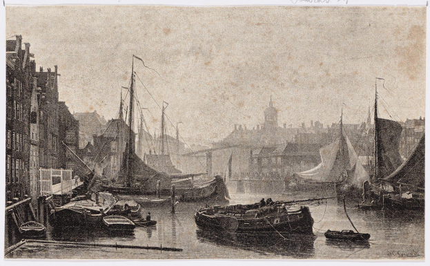 Eine Schwarz-Weiß-Zeichnung von Booten in einem Hafen mit Gebäuden links und einem Himmel im Hintergrund, untertitelt mit "James Tissot - Den Haag" unten.