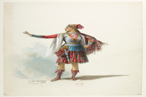 Ein Gemälde eines Mannes in einem leuchtenden, detaillierten Kostüm mit traditionellem Kilt, hohem Kragen, langen Ärmeln und vollem Rock, begleitet von beschreibendem Text auf dem Papier.