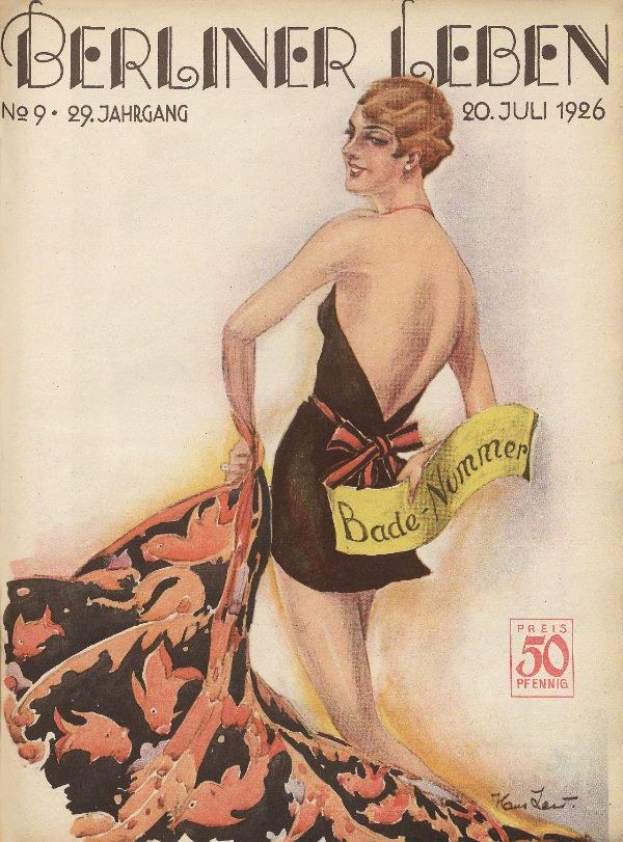 Titelbild der Berliner Leben Zeitschrift vom Juni 1926 mit einer Frau in einem Badeanzug, die ein Tuch hält, und dem Zeitschriftennamen quer darüber