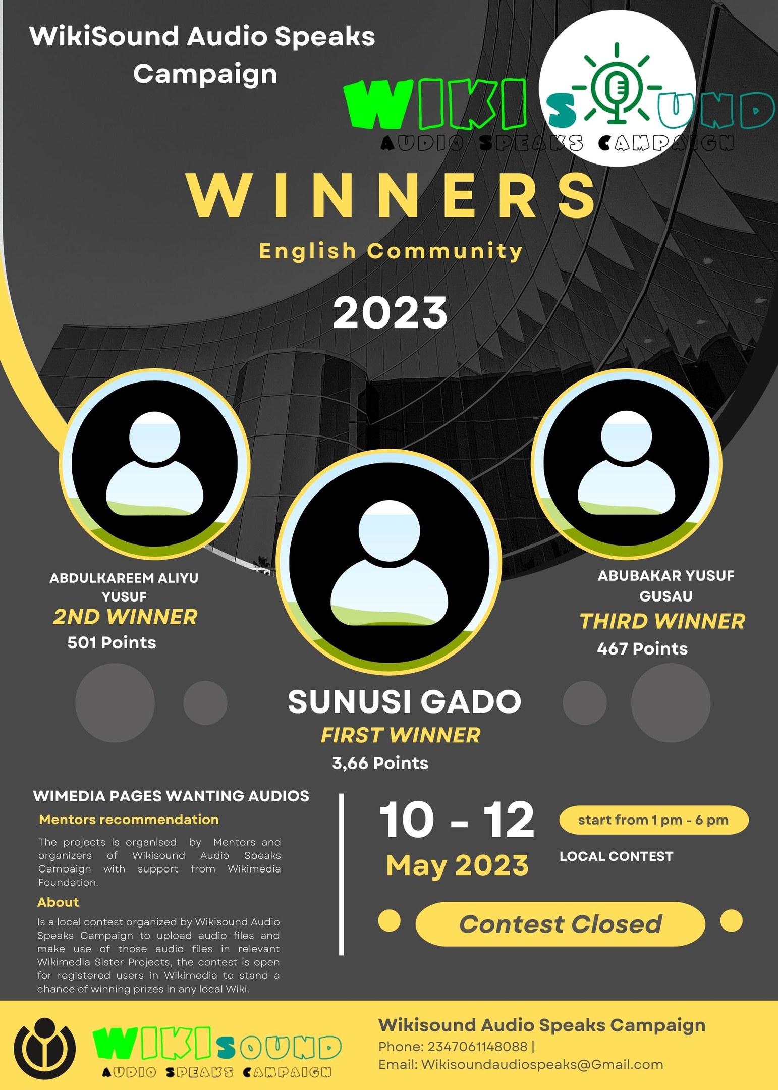 Buntes Plakat für die Wikisound Audio Spricht Kampagne mit blauem Hintergrund, gelbem und weißem Text und Bildern von lachenden Menschen, die Sieger feiern.